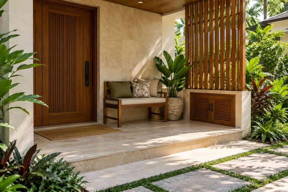AI-generated outdoor concept: front porch nook, tropical slatted direction