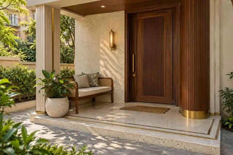 AI-generated outdoor concept: front porch nook, urban deco direction