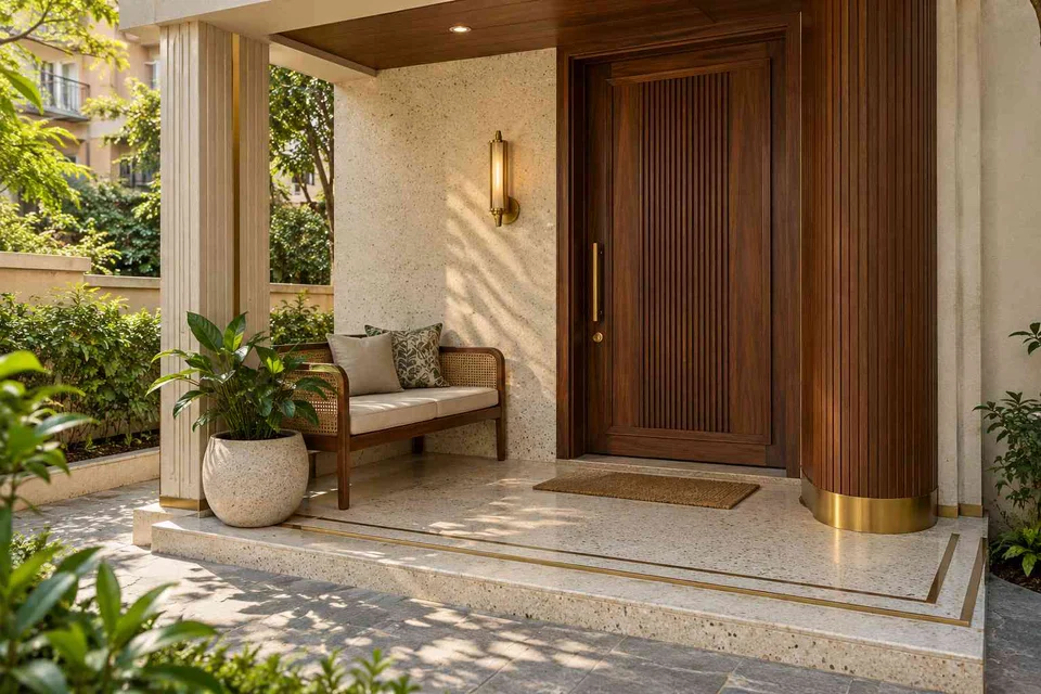 AI-generated outdoor concept: front porch nook, urban deco direction