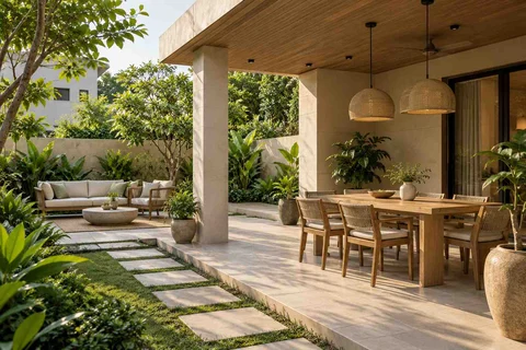 AI-generated outdoor concept: garden dining terrace, ash and linen direction