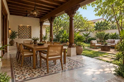 AI-generated outdoor concept: garden dining terrace, chettinad tile direction