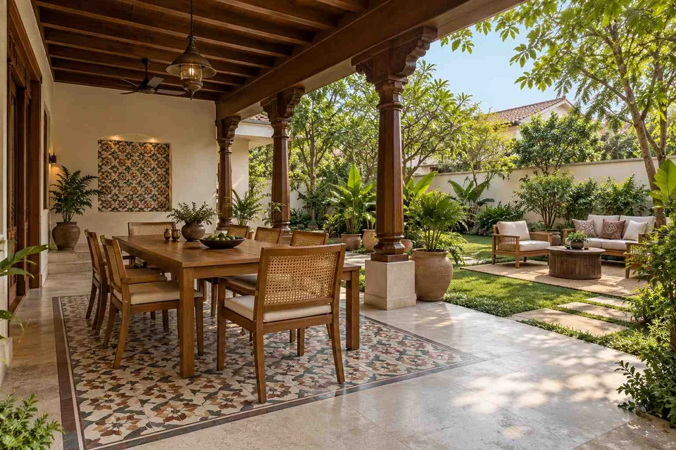AI-generated outdoor concept: garden dining terrace, chettinad tile direction