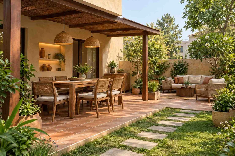 AI-generated outdoor concept: garden dining terrace, clay artisan direction