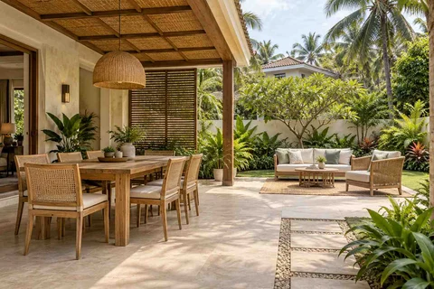 AI-generated outdoor concept: garden dining terrace, coastal woven direction