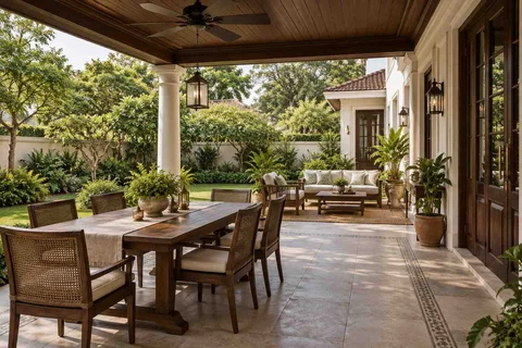 AI-generated outdoor concept: garden dining terrace, colonial quiet direction