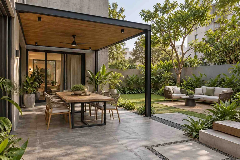 AI-generated outdoor concept: garden dining terrace, concrete and oak direction