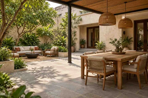 AI-generated outdoor concept: garden dining terrace, courtyard modern direction