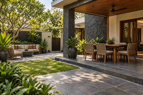 AI-generated outdoor concept: garden dining terrace, deccan stone direction