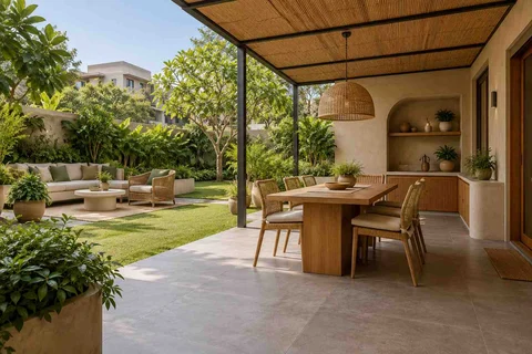 AI-generated outdoor concept: garden dining terrace, earth and bamboo direction