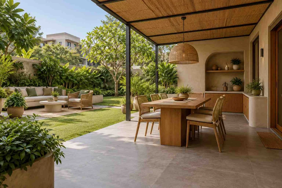 AI-generated outdoor concept: garden dining terrace, earth and bamboo direction