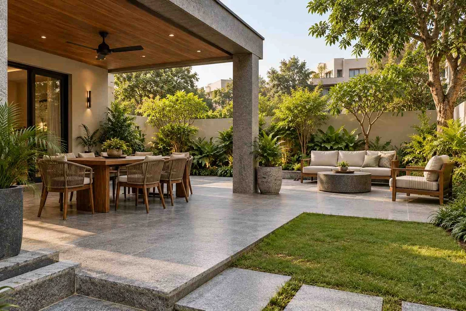 AI-generated outdoor concept: garden dining terrace, granite precision direction