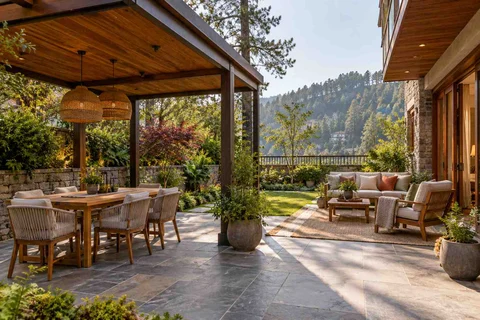 AI-generated outdoor concept: garden dining terrace, hill timber direction