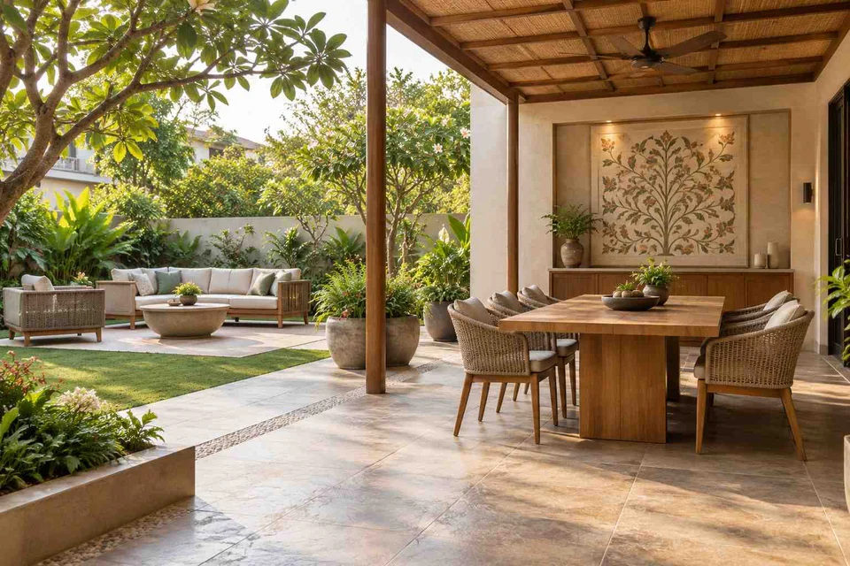 AI-generated outdoor concept: garden dining terrace, inlay atelier direction