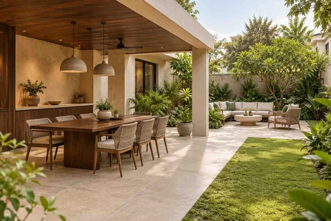AI-generated outdoor concept: garden dining terrace, lime and walnut direction
