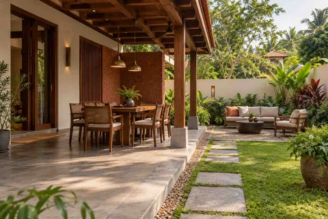 AI-generated outdoor concept: garden dining terrace, malabar timber direction