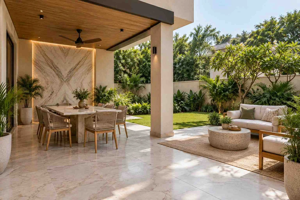 AI-generated outdoor concept: garden dining terrace, marble restraint direction
