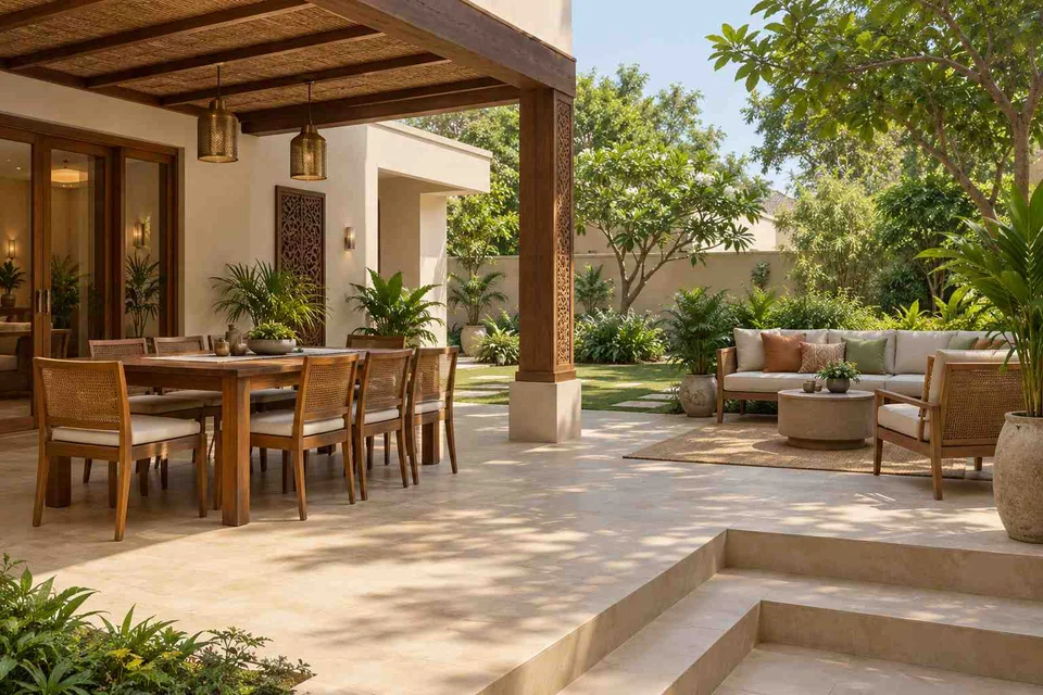 AI-generated outdoor concept: garden dining terrace, modern carved direction