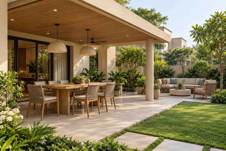 AI-generated outdoor concept: garden dining terrace, quiet contemporary direction