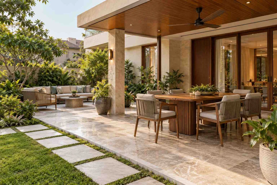 AI-generated outdoor concept: garden dining terrace, quiet transitional direction