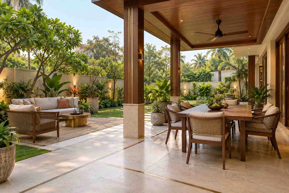 AI-generated outdoor concept: garden dining terrace, rosewood brass direction