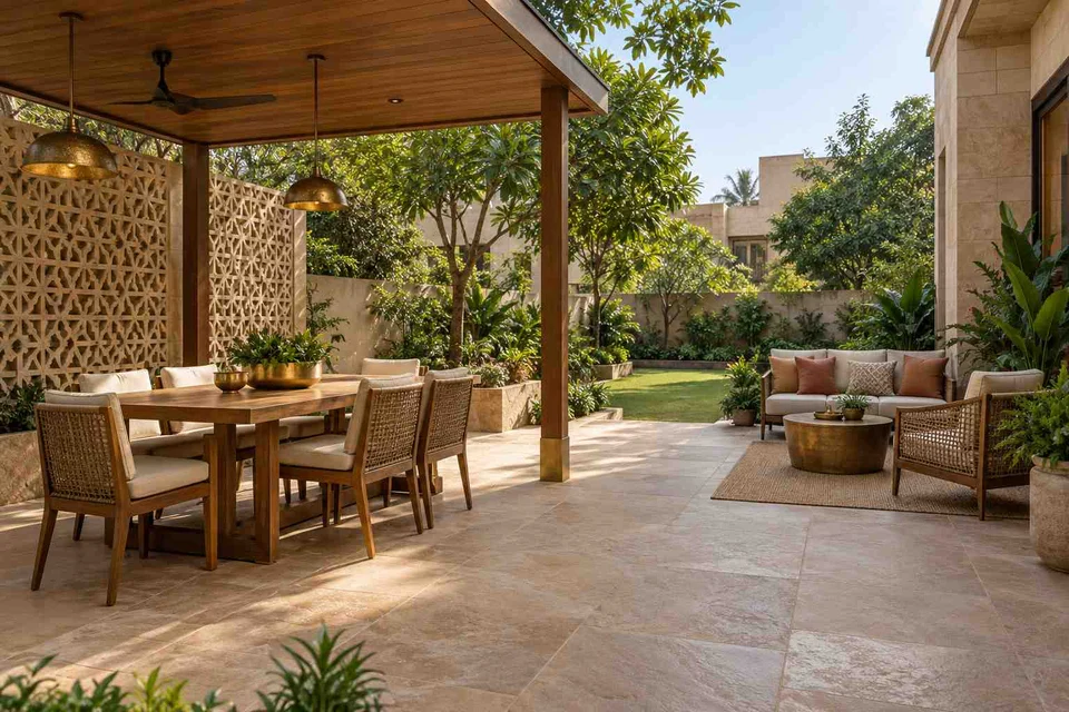 AI-generated outdoor concept: garden dining terrace, sandstone lattice direction