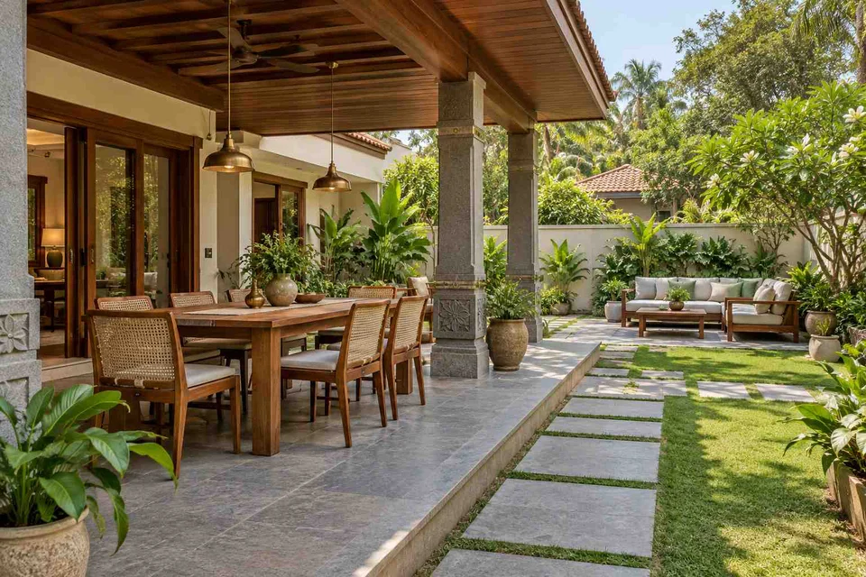 AI-generated outdoor concept: garden dining terrace, teak craft direction