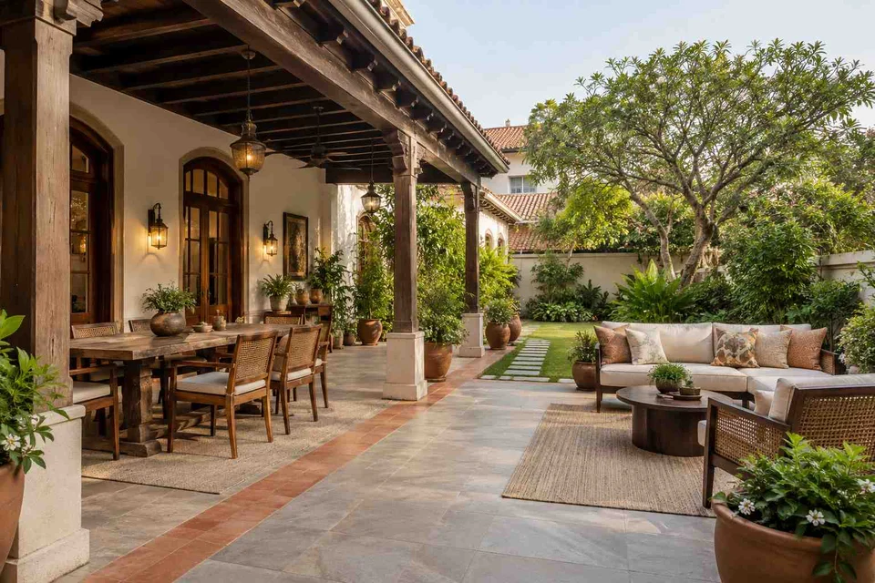AI-generated outdoor concept: garden dining terrace, terracotta heritage direction