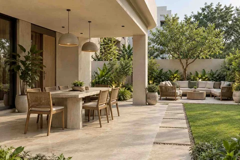 AI-generated outdoor concept: garden dining terrace, textured mineral direction