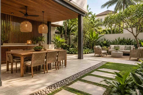 AI-generated outdoor concept: garden dining terrace, tropical slatted direction