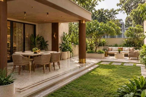 AI-generated outdoor concept: garden dining terrace, urban deco direction