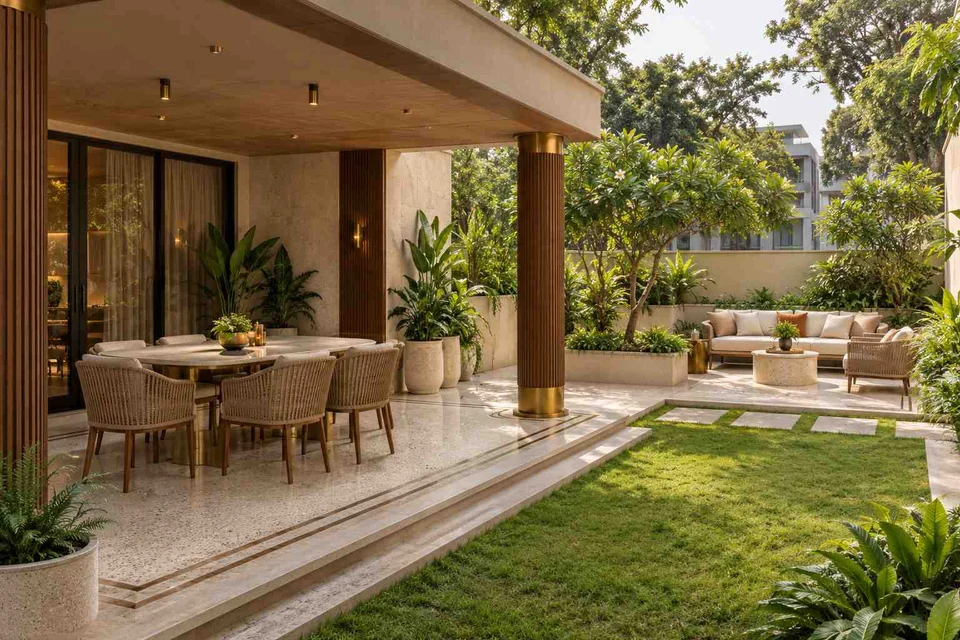 AI-generated outdoor concept: garden dining terrace, urban deco direction