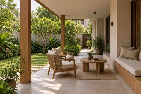 AI-generated outdoor concept: garden-facing verandah, ash and linen direction