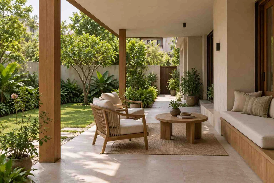 AI-generated outdoor concept: garden-facing verandah, ash and linen direction