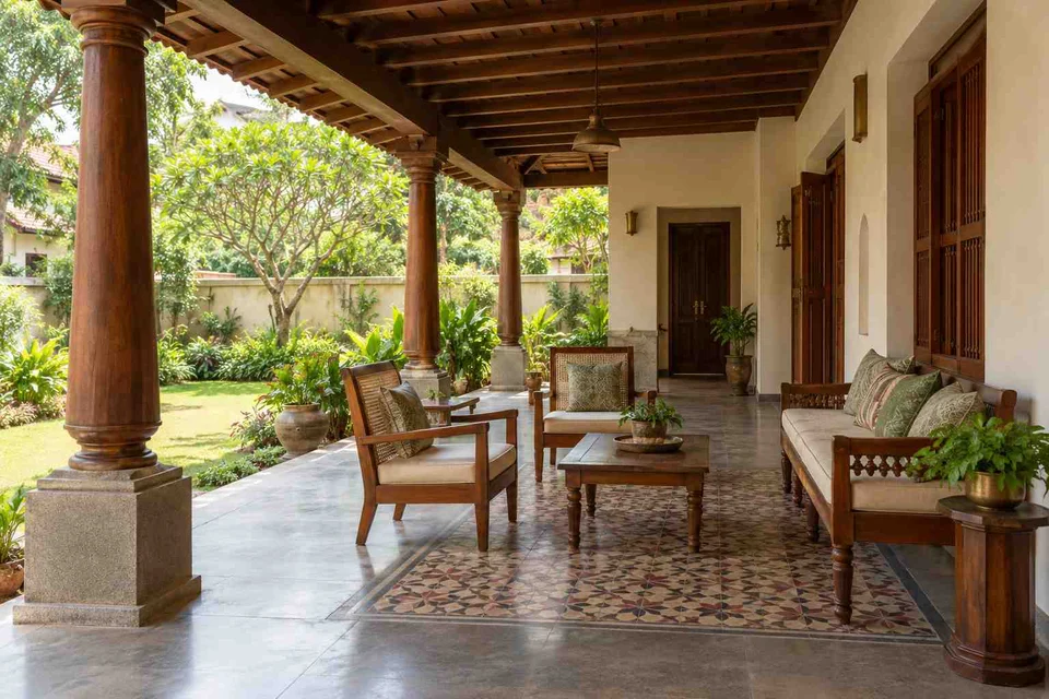 AI-generated outdoor concept: garden-facing verandah, chettinad tile direction
