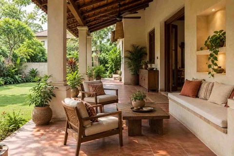 AI-generated outdoor concept: garden-facing verandah, clay artisan direction