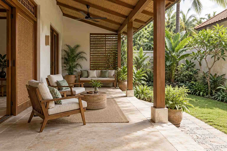 AI-generated outdoor concept: garden-facing verandah, coastal woven direction