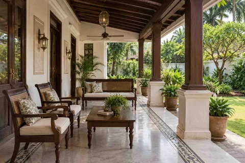 AI-generated outdoor concept: garden-facing verandah, colonial quiet direction