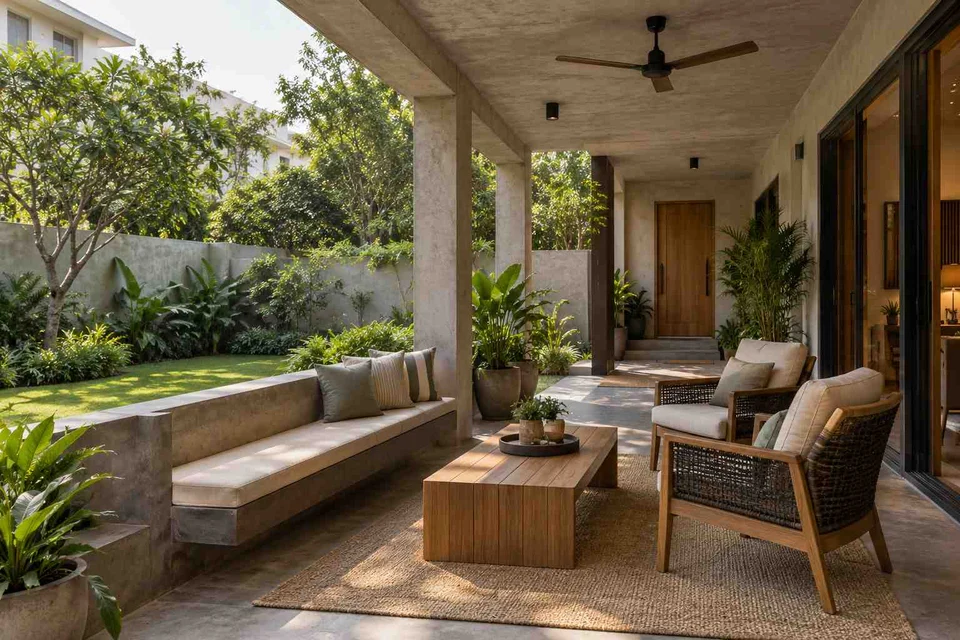 AI-generated outdoor concept: garden-facing verandah, concrete and oak direction