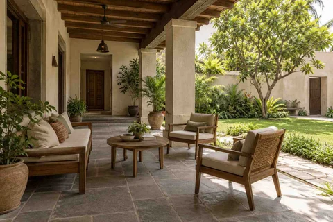 AI-generated outdoor concept: garden-facing verandah, courtyard modern direction