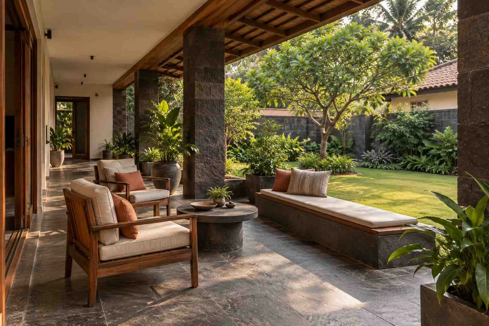 AI-generated outdoor concept: garden-facing verandah, deccan stone direction