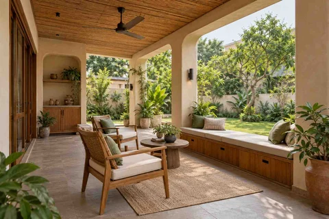 AI-generated outdoor concept: garden-facing verandah, earth and bamboo direction