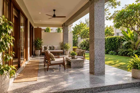 AI-generated outdoor concept: garden-facing verandah, granite precision direction
