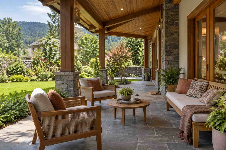 AI-generated outdoor concept: garden-facing verandah, hill timber direction
