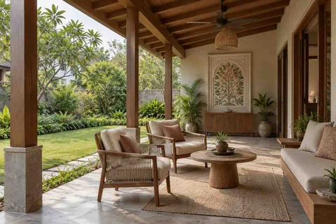 AI-generated outdoor concept: garden-facing verandah, inlay atelier direction