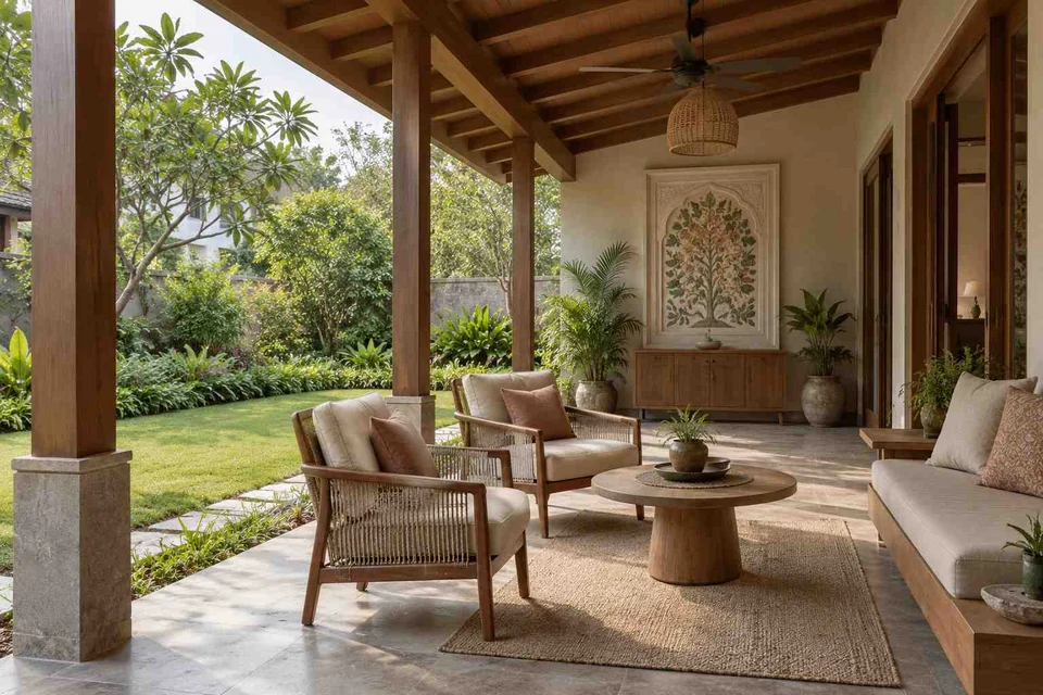 AI-generated outdoor concept: garden-facing verandah, inlay atelier direction