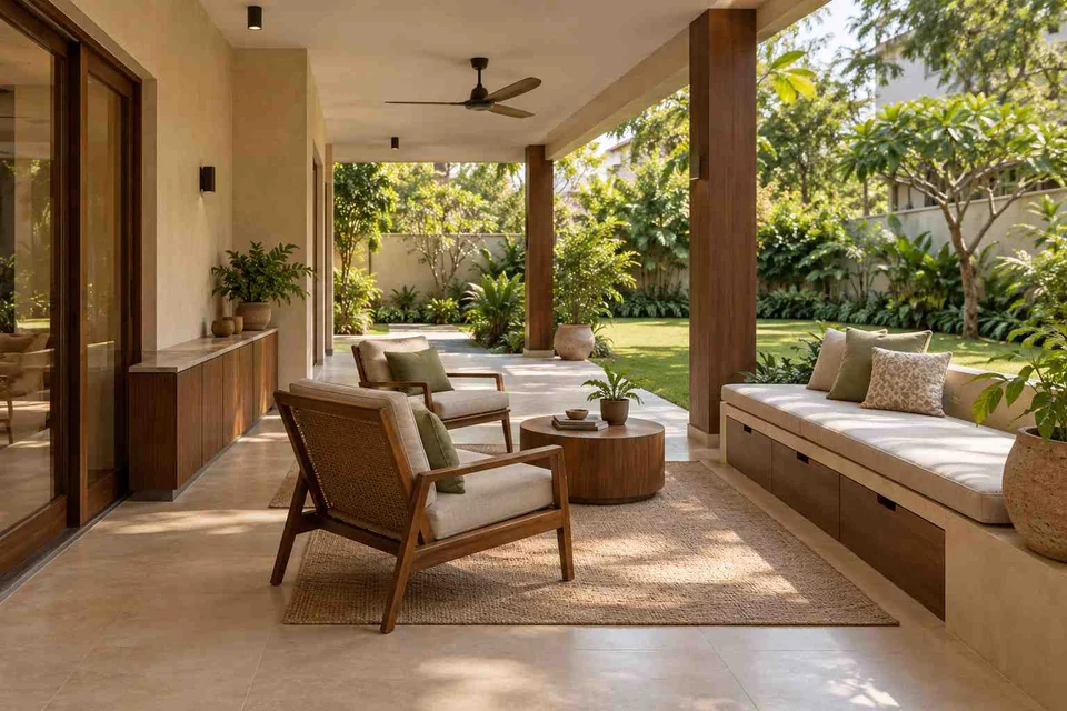 AI-generated outdoor concept: garden-facing verandah, lime and walnut direction