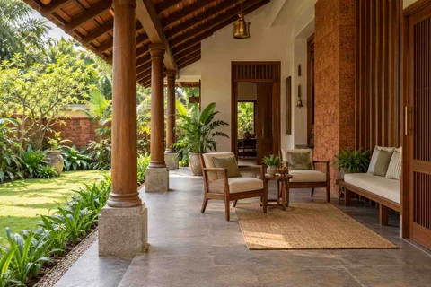 AI-generated outdoor concept: garden-facing verandah, malabar timber direction