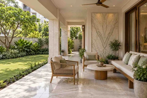 AI-generated outdoor concept: garden-facing verandah, marble restraint direction