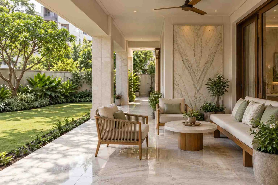 AI-generated outdoor concept: garden-facing verandah, marble restraint direction