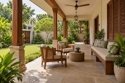 AI-generated outdoor concept: garden-facing verandah, modern carved direction